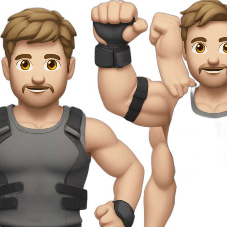 Close up Actively gesturing  with hands Pale skinned Fit Man With the biceps and brown hair in dark gray Sleeveless Mike, black oversize sports shorts, watch and white Sneakers emoji