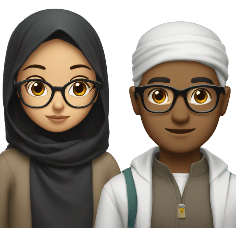 a muslim girl with glasses next to a tall boy with black hair and glasses emoji