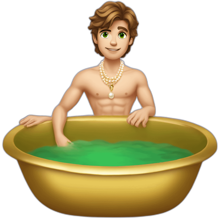 Posh-muscle-boy-brown-hair-green-eyes-pearl-necklace-in-golden-bathtub emoji