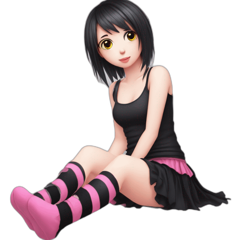 full body Front view emo girl sits on the floor black skirt pink knickers striped stockings emoji