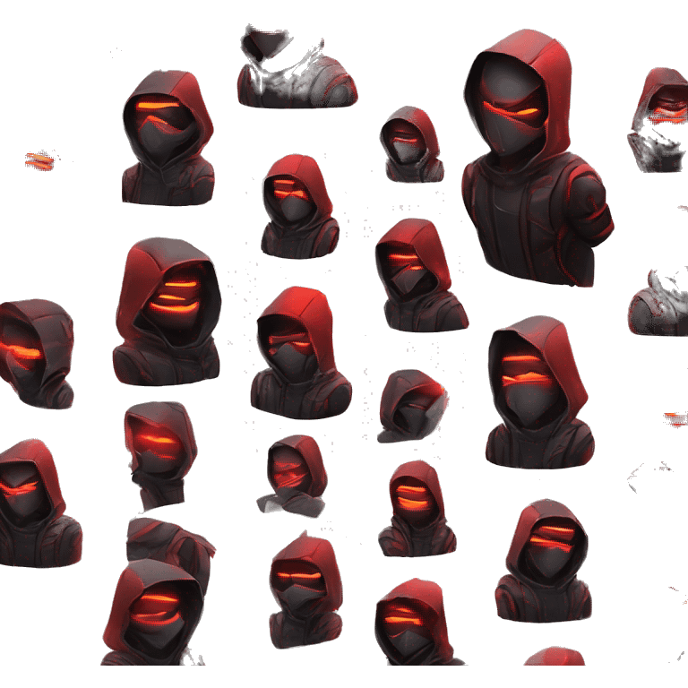 developer behind his laptop with this style : crysis Cyberpunk Riot Games Valorant neon glowing bright red character red dark black hooded assassin themed character emoji