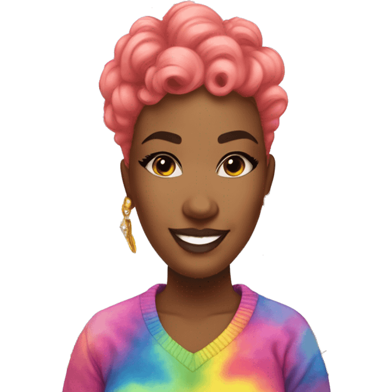 Plus size black woman with pink curly pixie cut hair and a rainbow tie dye sweater , and diamond stud earrings  emoji