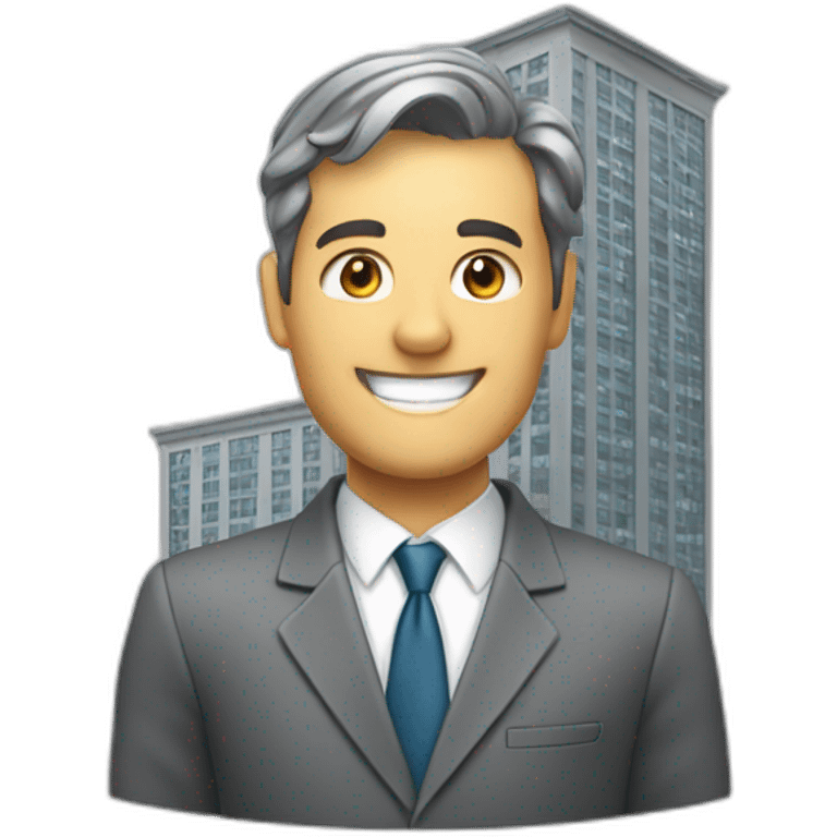 A gray apartment building in the hand of a smiling man in a business suit emoji