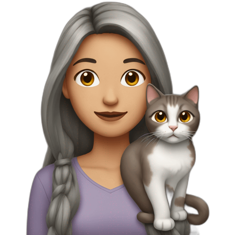 Woman with brown and gray long hair with a cat on her shoulder emoji