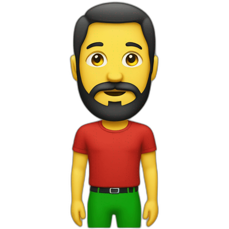 Homme avec barbe coûte et une calvitie  noir très cours avec un t-shirt rouge et un rectangle jaune et vert dessus emoji