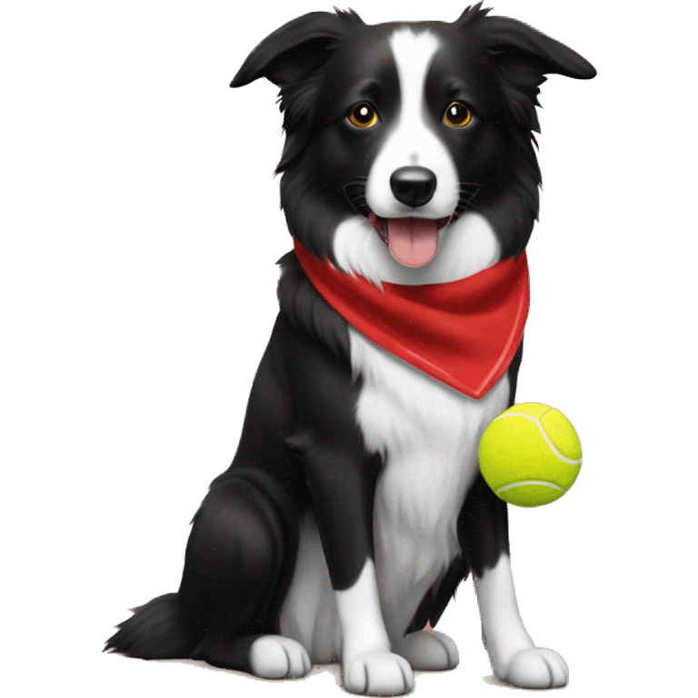 Black with a little white on her short fur border collie dog, red bandana, yellow tennis ball held in mouth emoji