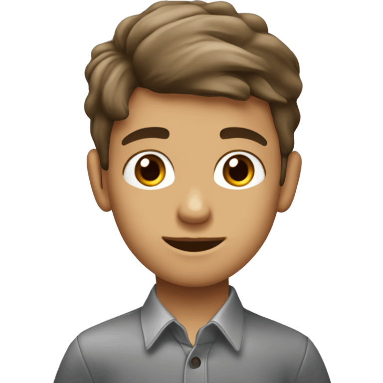 niño de 13 años con pelo cafe y camisa gris y hojos de color cafe emoji