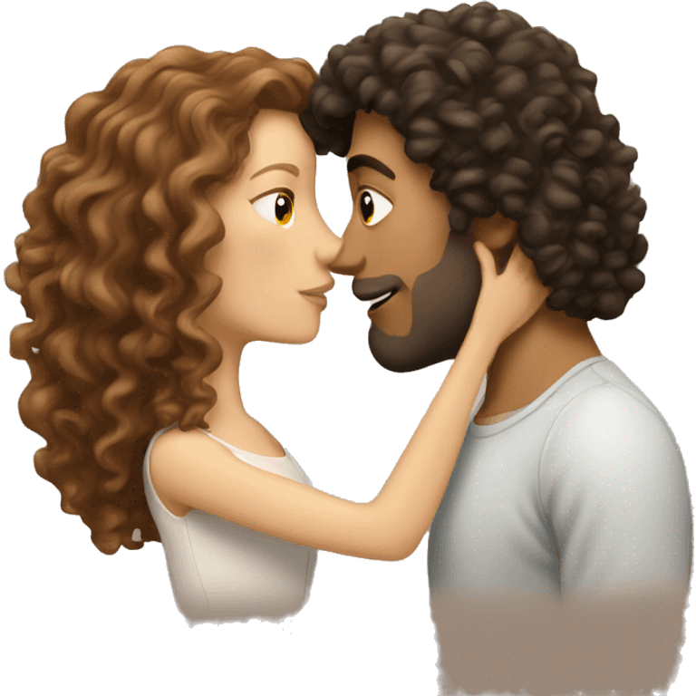 White Man with brown hair kissing white woman with long dark curly hair emoji