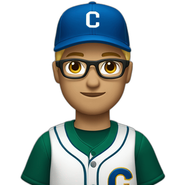 Blonde male short hair with glasses Dark green baseball uniform with hat Blue eyes and with "C" on the hat. Crop from shoulders up emoji