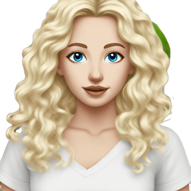 White girl- ocean blue eyes - beauty face mask massage -full care- blonde long curly hair  white off shoulder shirt emoji