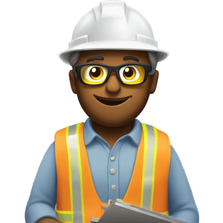 Carpenter wearing safety glasses with a measure tape in hand and stickers on hard hat emoji