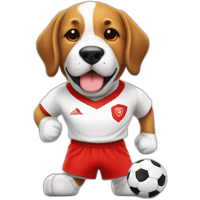 Cão com camiseta vermelha jogando futebol emoji