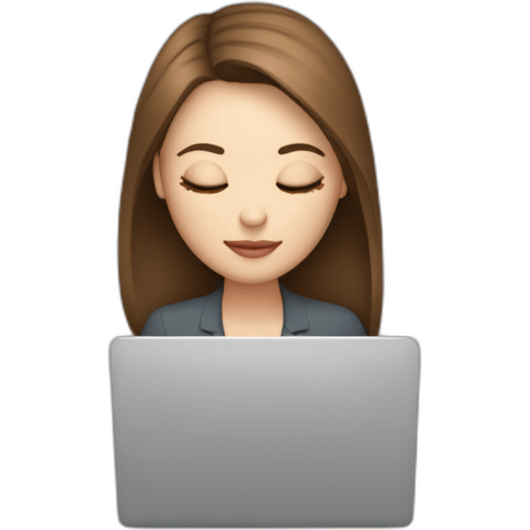 woman eyes closed behind a laptop. There is a coffee mug in front of the laptop. The woman has middle brown straight hair and pale skin. emoji