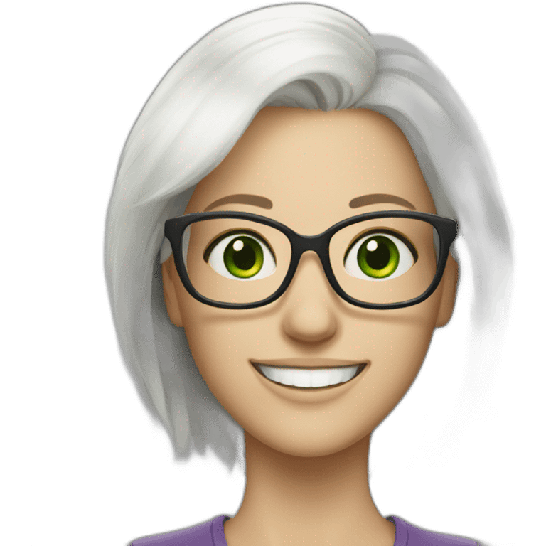 White haired Woman with glasses smiling green eyes eyes emoji