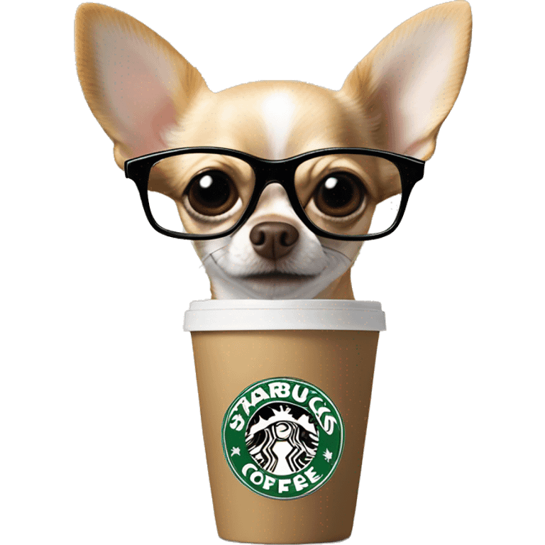 Chihuahua in black Prada glasses and with a Starbucks cup emoji