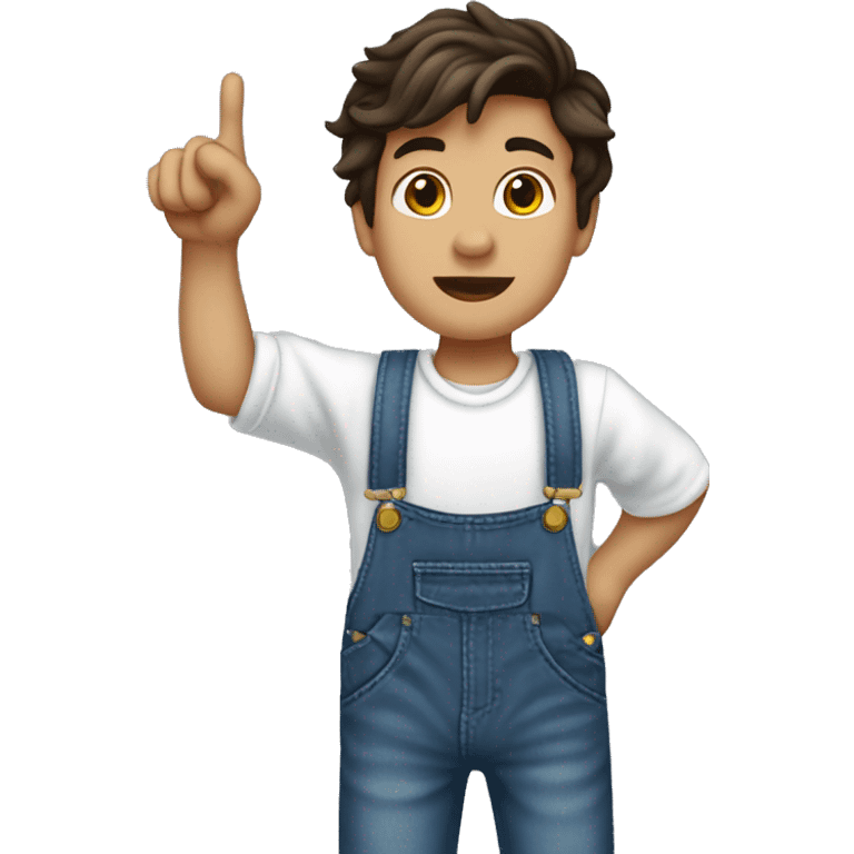 boy pointing to the sky, dark brown wavy hair, wearing blue jeans overalls and white shirt. half body shot. view from behind, back. emoji