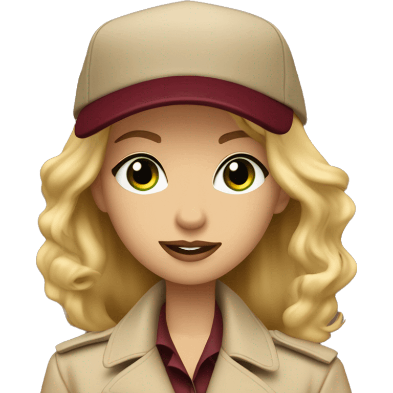 Blonde girl green eyes wearing beige trench coat and burgundy baseball cap written Paris on it  emoji