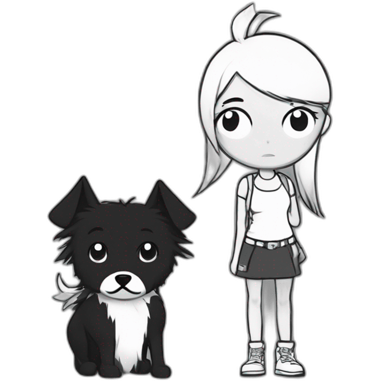 a dog and a girl with black spiky hair looking at each other in style of ((sarah andersen)), black and white emoji