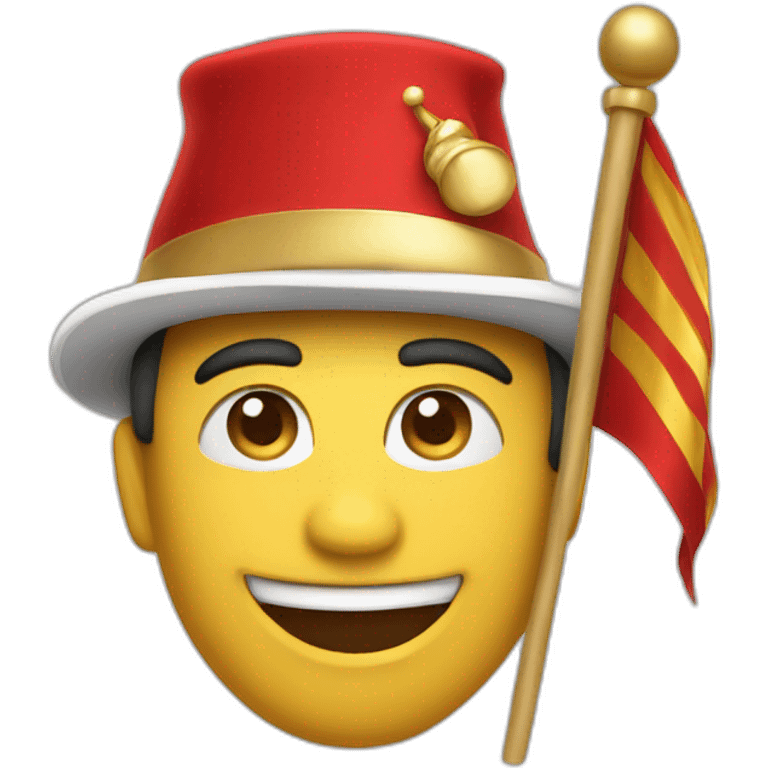 Create a strong man emoji with a confident smile, in red and gold, sporting a New Year's hat and waving a small flag. emoji