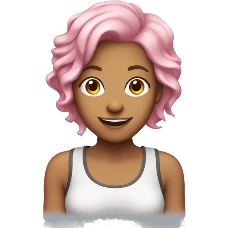 young woman, pink hair, smiling,and is a freelancer. emoji