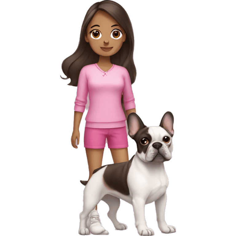 a brunette girl wearing a pink outfit holding a french bulldog emoji