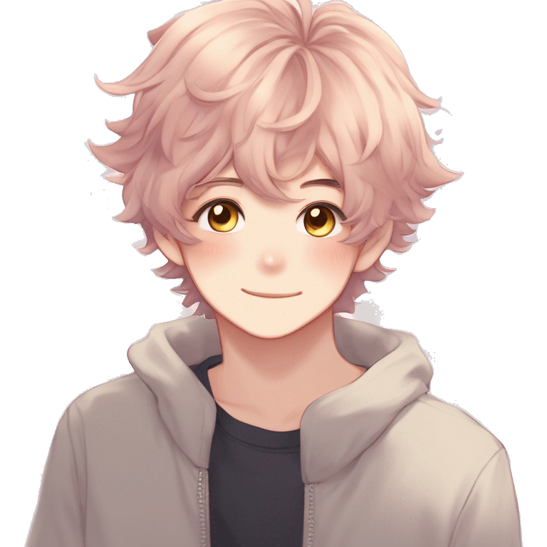 Gorgeous romantic hot attractive anime style modern anime shojo guy with pretty medium-long messy hair and colorful eyes and blushing face aesthetic trending style  pastelcore cottagecore kawaiicore emoji