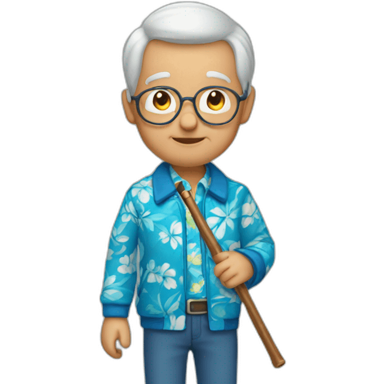 old man child holding cane wearing blue Hawaiian shirt and jacket emoji