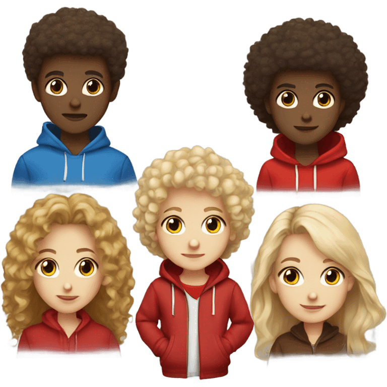 blonde hair blue eyed girl and mixed boy with afro and brown eyes in red hoodie emoji