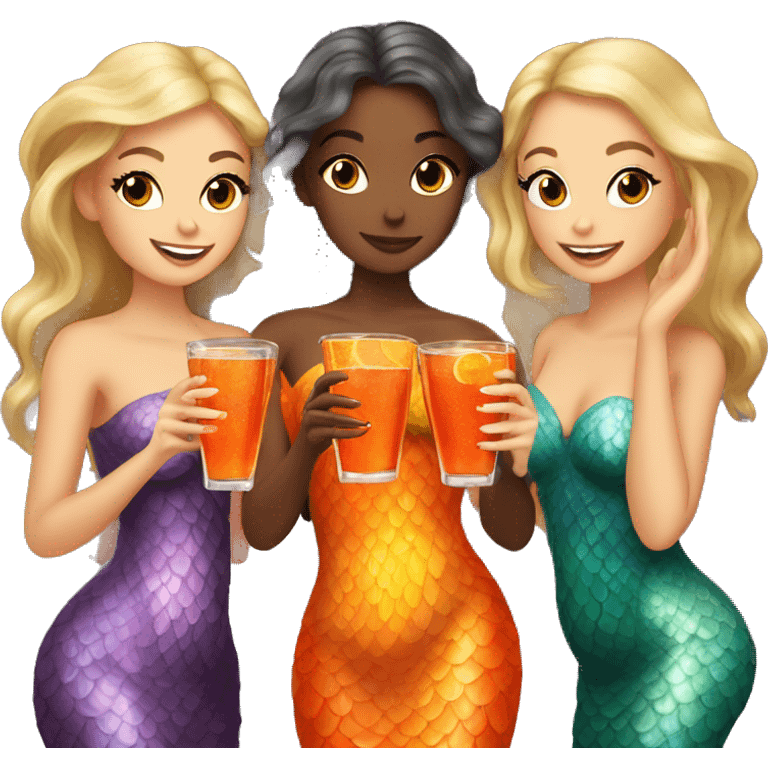 Three beautiful mermaids (light skin) drinking aperol emoji