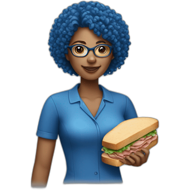 blue curly hair woman with glasses holding a ham sandwich emoji