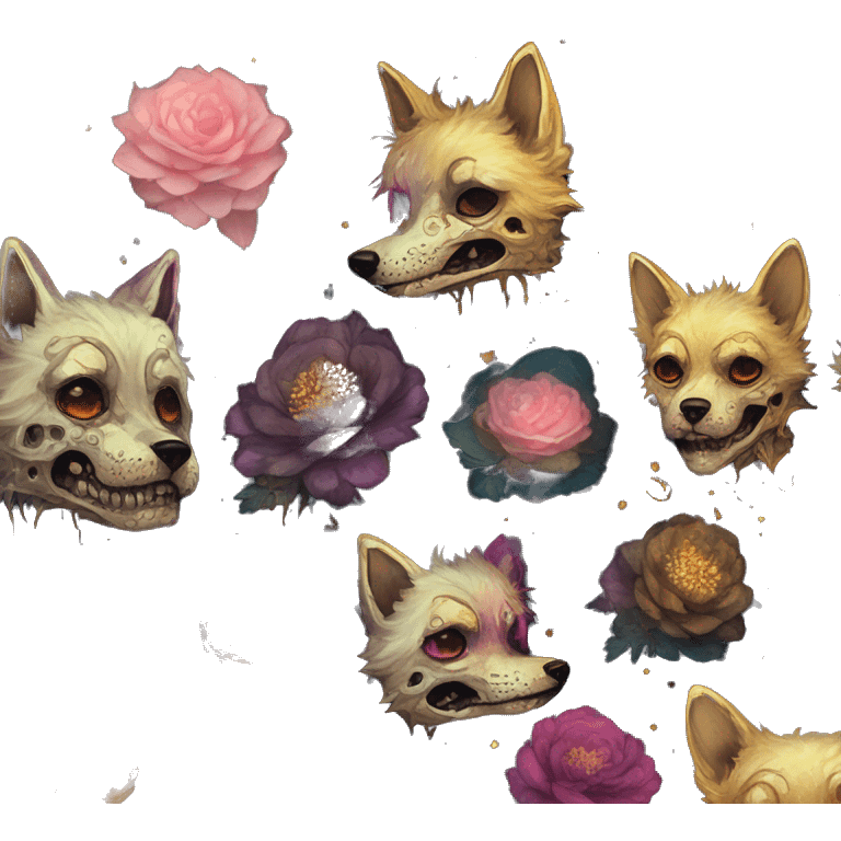 iridescent kintsugi fluffy zombie black brown gold dog fox head zombie skeleton gold mechanical nebula galaxy stars colorful flowers fairy lights vintage zombie emoji