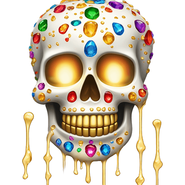 Realistic white sugar skull decorated with colorful rhinestones with a metallic gold candle on top of its head dripping down melted metallic gold wax down the skull emoji