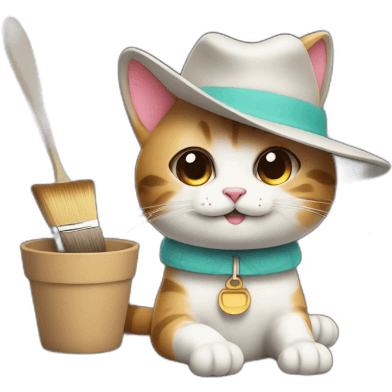 Kawaii cat artist in hat holding palette and brush so it can be used as a mouse cursor emoji