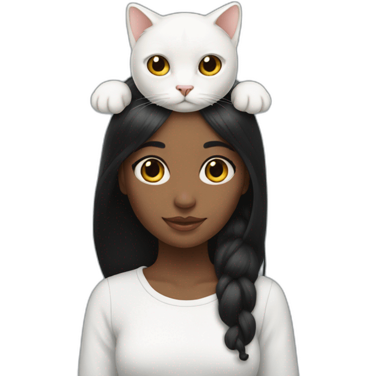 Black hair girl with white cat on head emoji