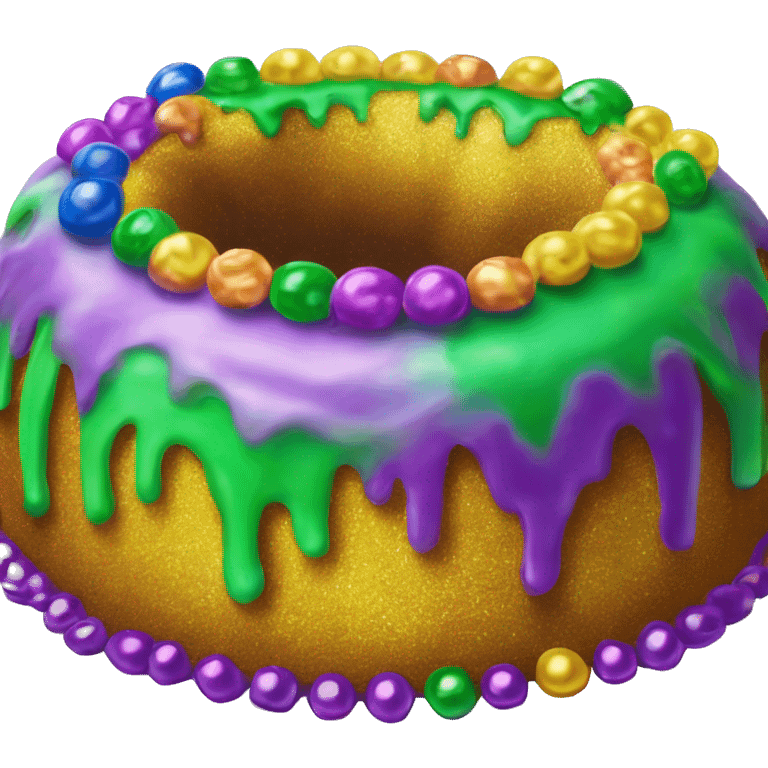 Realistic round bundt glitter icing king cake isolated with Mardi Gras beads layer across the top of the cake.  emoji