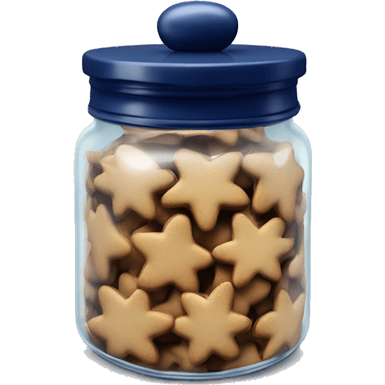 Realistic glass cookie jar with navy blue lid full of gingerbread cookies isolated. emoji