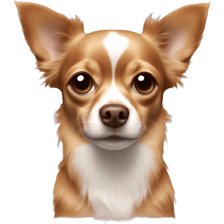 brown longhaired chihuahua with a white dot on forehead and brown nose with a pink spot on the left emoji