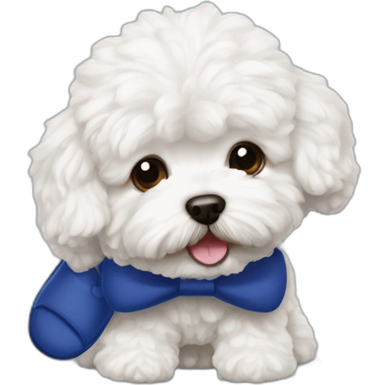 white maltipoo with dark blue slipper in his mouth emoji