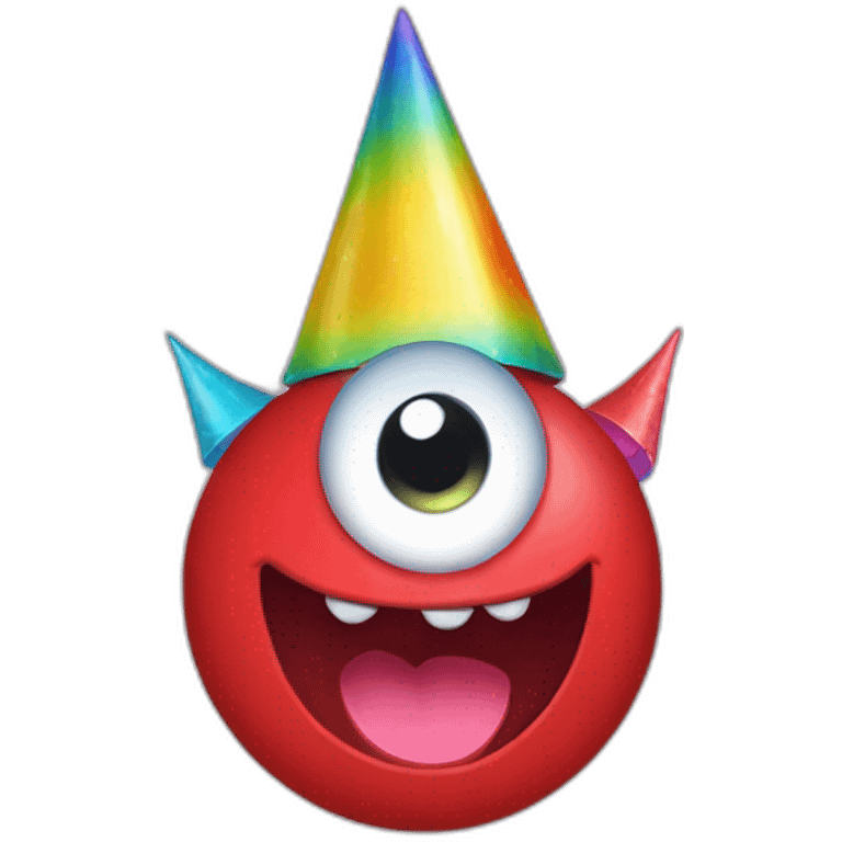 red monster one eye smile face with a rainbow party hat emoji