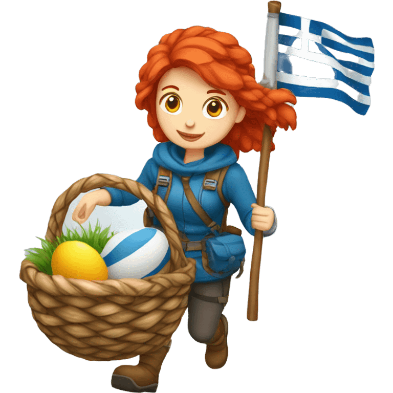 red hair female winter mountaineer climbing with Easter eggsbasket and Greek flag emoji