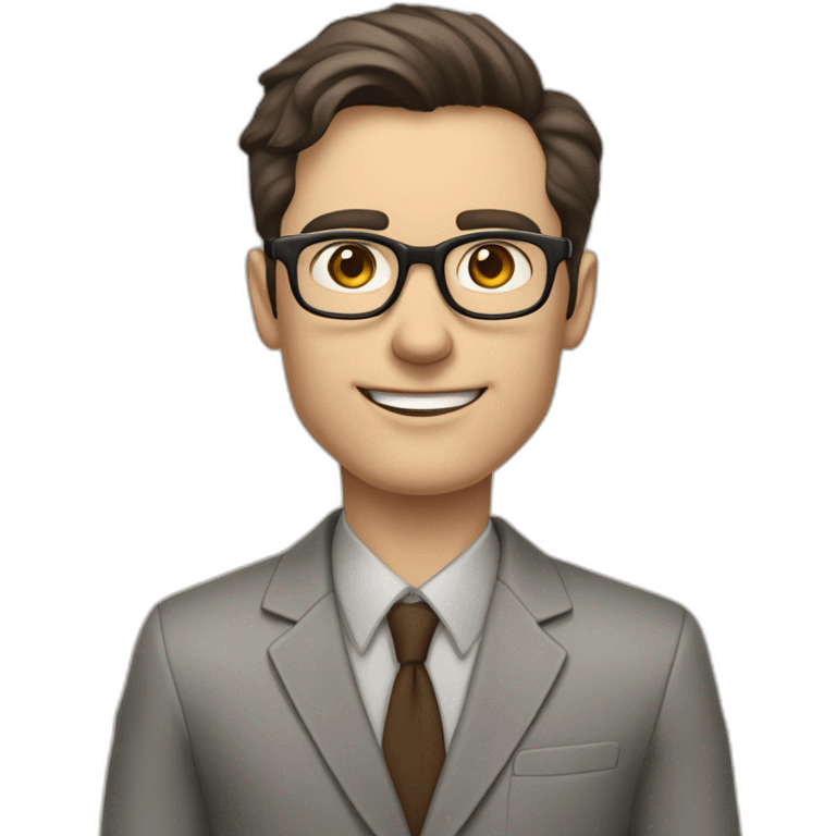 Pale skinned fit man with dark brown hair in gray jacket, beige office shirt, brown tie, brown pants and vintage glasses Writing on the marker board emoji