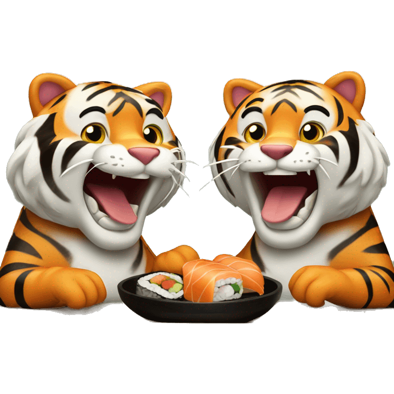 two happy tigers eating sushi emoji