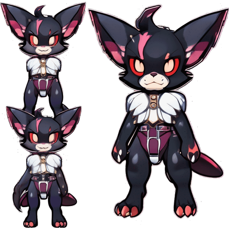 cool punk kawaii anime edgy distinguished elegant beautiful fantasy black ethereal nargacuga-bat-zorua-sphynx-Quiana-Fakemon collar harness with big fangs full body emoji