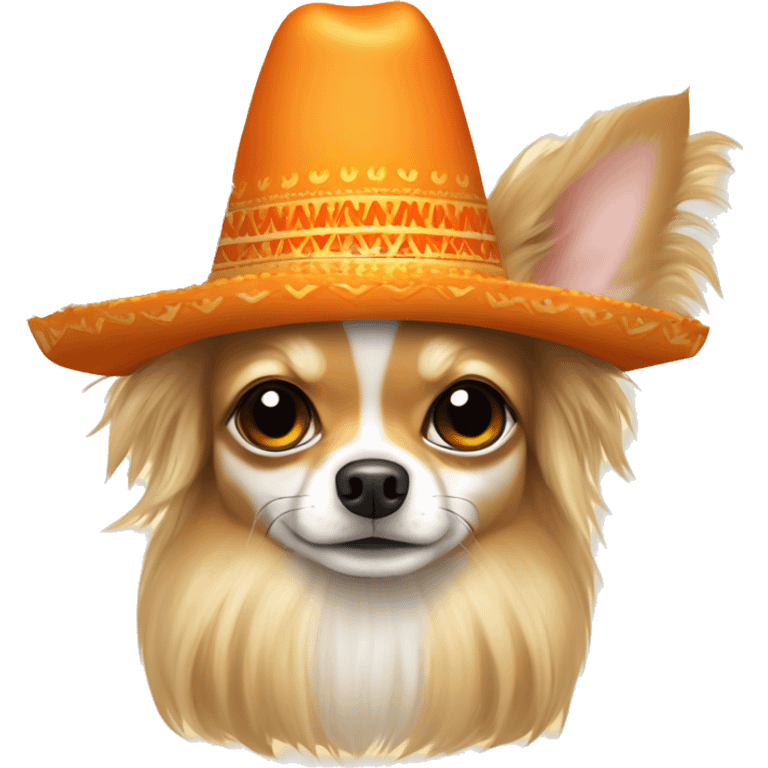 Long hair chihuahua dog, fur color beige with orange lights. He eat a parmigiano bite in sombrero  emoji