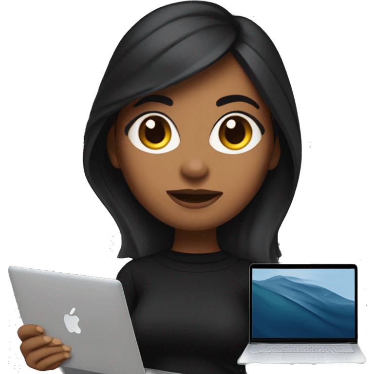     memoji of a woman with a laptop in front, apple-style,modern,dark hair,black sweater,computer in hand, srilankan brown skin, an avatar image gonna be round  emoji