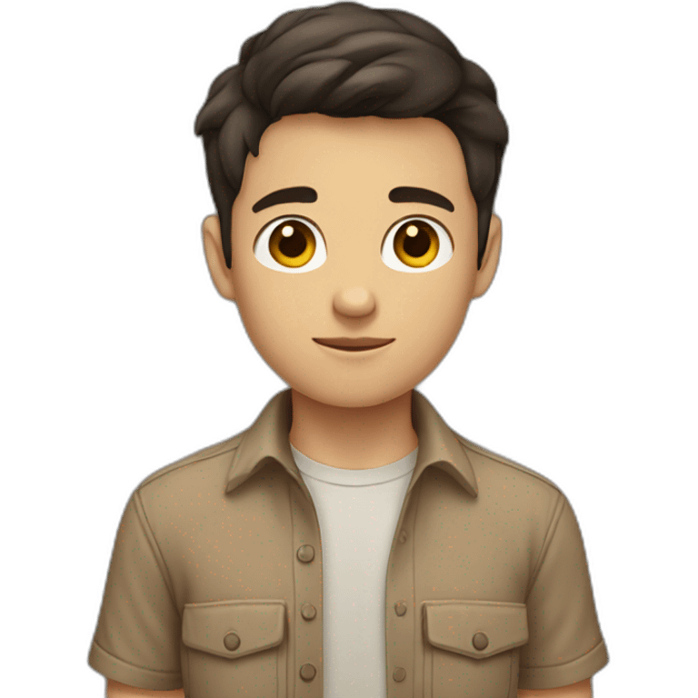 short dark hair white young boy in brown button up shirt with a tshirt under holding an arm emoji