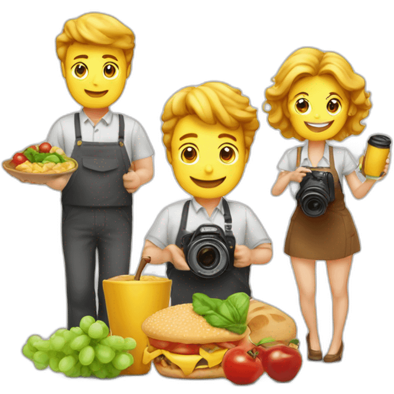 food photographers with camera and food man and woman happy. Camera** and food emoji