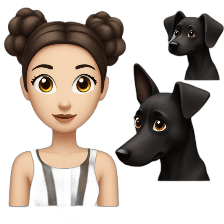 White women with long dark brown hair and long eyelashes dark brown eyes and thick dark brown eyebrows and black dog with a white stripe on the neck and ears raised up emoji