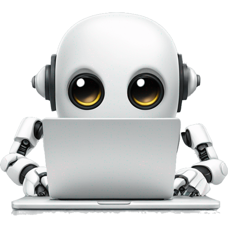 Cute robot behind computer writing code emoji