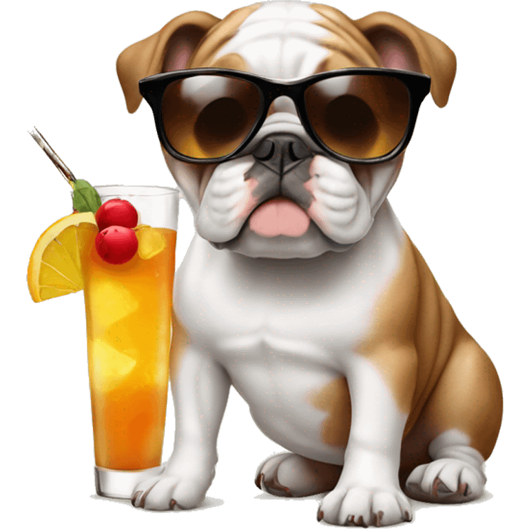 Brown white bulldog with sunglasses & a cocktail emoji